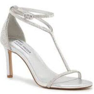 STEVE MADDEN GRANDE EMBELLISHED ANKLE STRAP SILVER HEELED WOMEN SANDALS SIZE 8.5